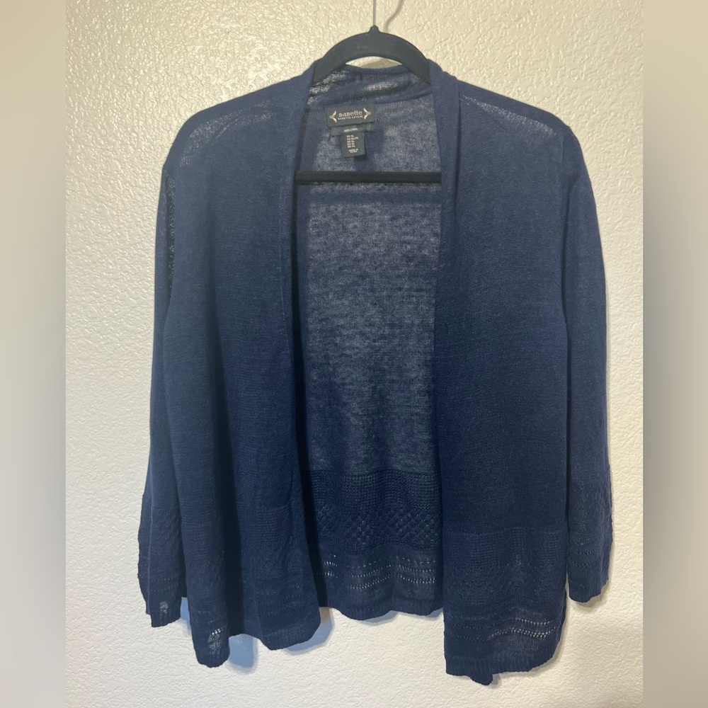 Nanette Lepore Navy Blue Linen Open Cardigan Pointelle Trim XL